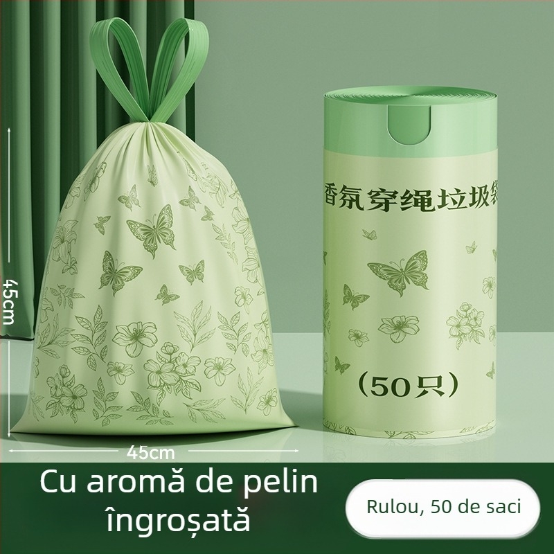 Saci de gunoi din mugwort, 100 de bucăți, tip cordon de uz casnic, saci de gunoi anti-rupere, îngroșați și nu se rup ușor, saci de gunoi cu cordon