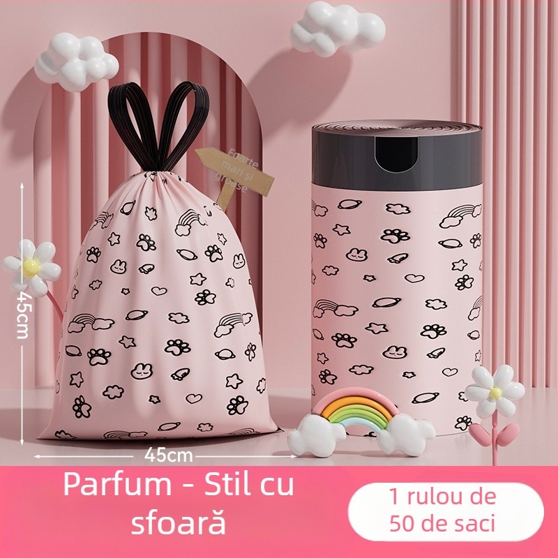 Saci de gunoi din mugwort, 100 de bucăți, tip cordon de uz casnic, saci de gunoi anti-rupere, îngroșați și nu se rup ușor, saci de gunoi cu cordon