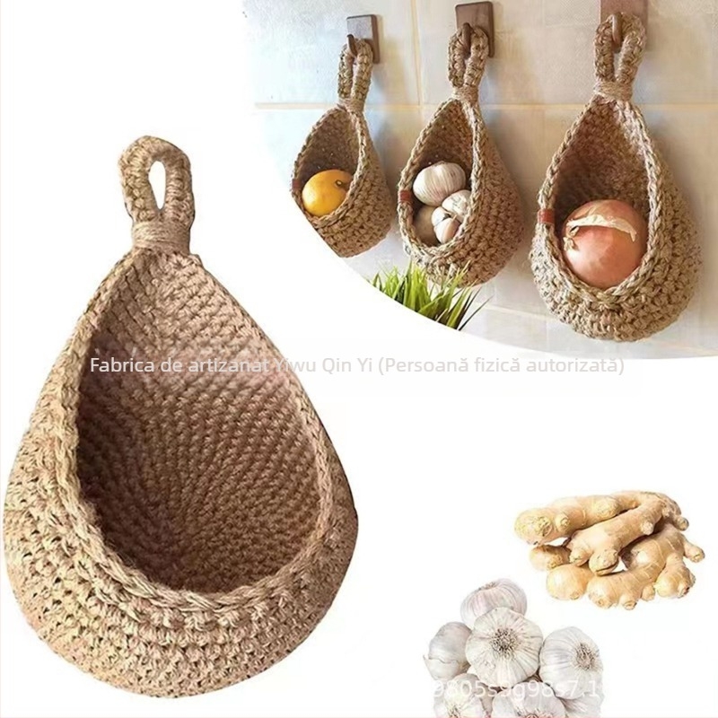 Sac de fructe croșetat din sfoară de bumbac, plasă cu design cuib de pasăre, pentru depozitare