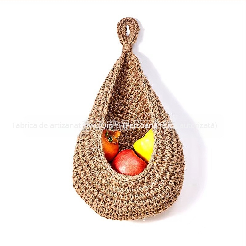 Sac de fructe croșetat din sfoară de bumbac, plasă cu design cuib de pasăre, pentru depozitare