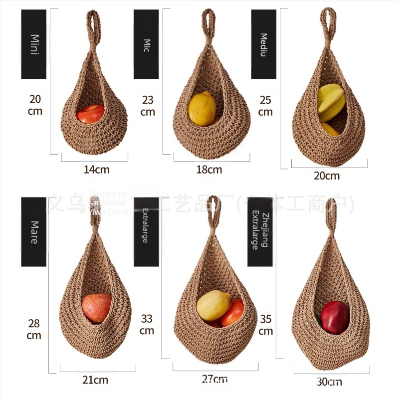Sac de fructe croșetat din sfoară de bumbac, plasă cu design cuib de pasăre, pentru depozitare