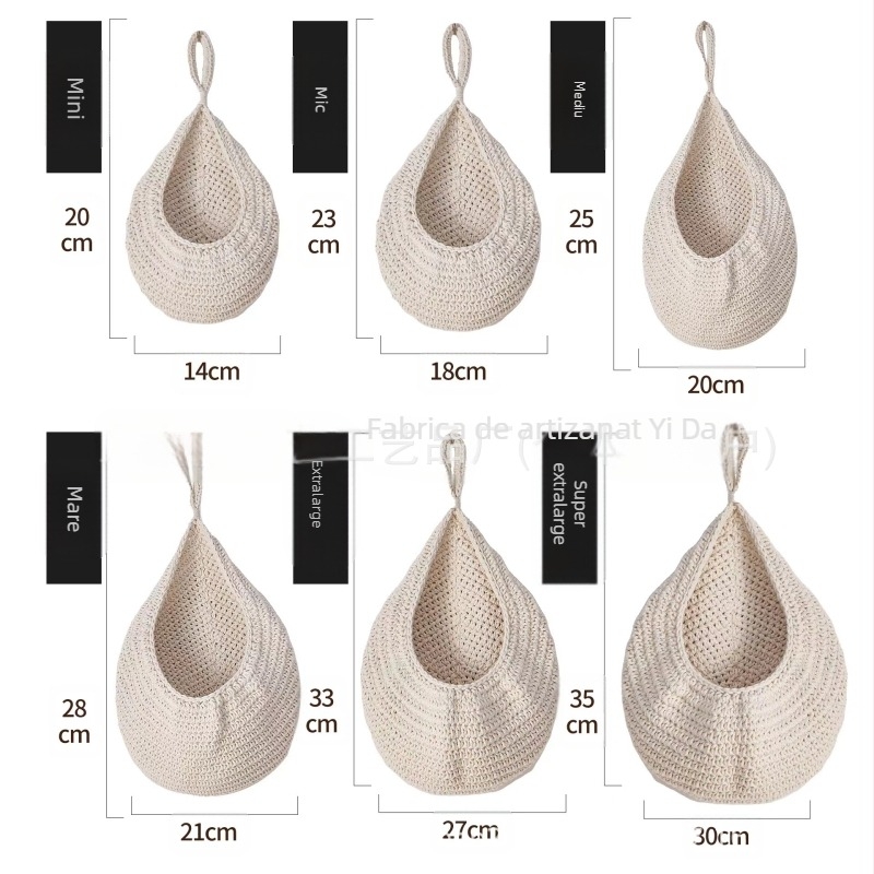 Sac de fructe croșetat din sfoară de bumbac, plasă cu design cuib de pasăre, pentru depozitare
