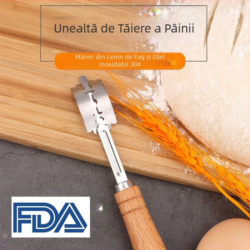 Cuțite de tăiat aluatul din oțel inoxidabil pentru repararea pâinii, instrumente de copt, mâner din lemn, cuțit de tăiat baghete, cuțit de tăiat pâine