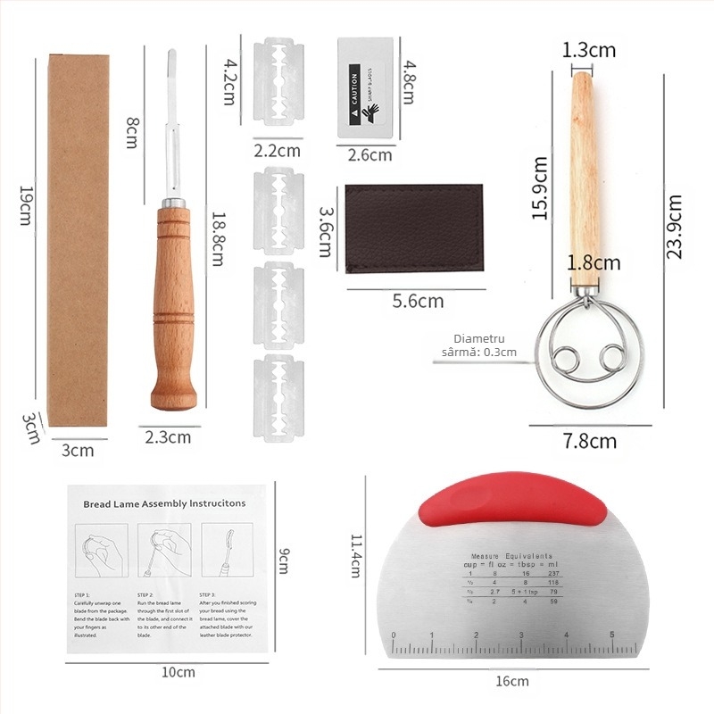 Cuțite de tăiat aluatul din oțel inoxidabil pentru repararea pâinii, instrumente de copt, mâner din lemn, cuțit de tăiat baghete, cuțit de tăiat pâine
