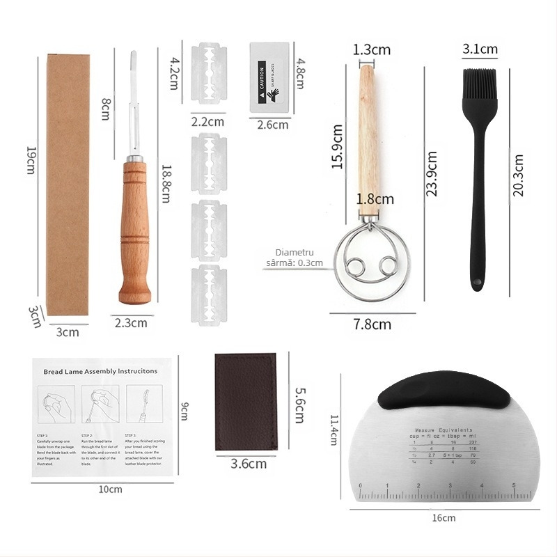 Cuțite de tăiat aluatul din oțel inoxidabil pentru repararea pâinii, instrumente de copt, mâner din lemn, cuțit de tăiat baghete, cuțit de tăiat pâine