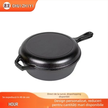 Oală din fontă, îngroșată, cu dublă utilizare, pentru tocană, în aer liber, pentru BBQ, tigaie, Euro-bag, oală elegantă din fier brut, oală pentru tocană, oală pentru supă, oală pentru prăjit