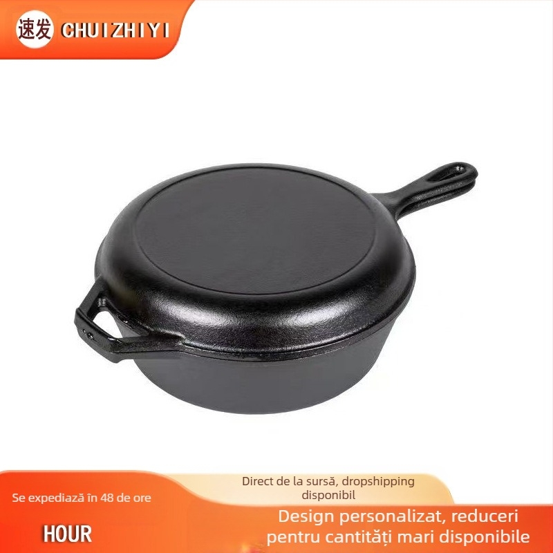 Oală din fontă, îngroșată, cu dublă utilizare, pentru tocană, în aer liber, pentru BBQ, tigaie, Euro-bag, oală elegantă din fier brut, oală pentru tocană, oală pentru supă, oală pentru prăjit