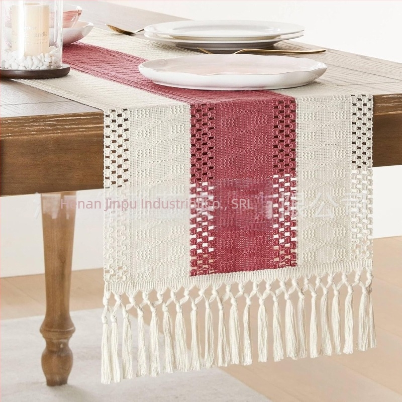 Steag de masă Amazon, bumbac și in, dungi, cusături, țesut în două culori, ciucuri, nimic pastoral, față de masă rustică, producători furnizează