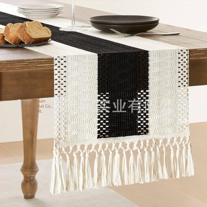 Steag de masă Amazon, bumbac și in, dungi, cusături, țesut în două culori, ciucuri, nimic pastoral, față de masă rustică, producători furnizează