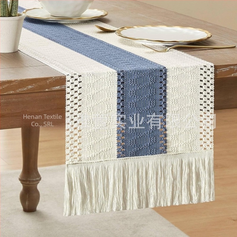 Steag de masă Amazon, bumbac și in, dungi, cusături, țesut în două culori, ciucuri, nimic pastoral, față de masă rustică, producători furnizează