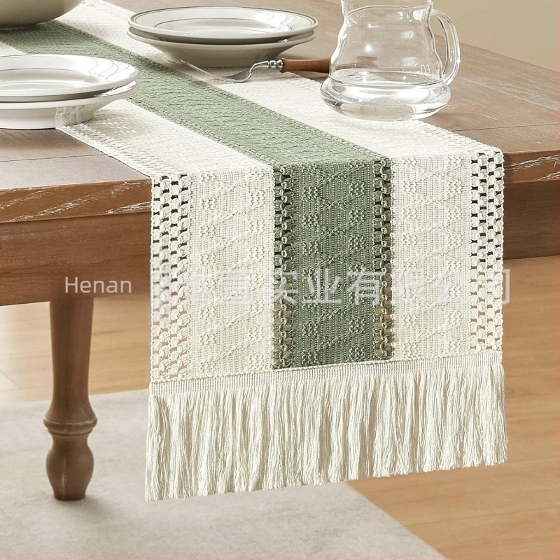 Steag de masă Amazon, bumbac și in, dungi, cusături, țesut în două culori, ciucuri, nimic pastoral, față de masă rustică, producători furnizează