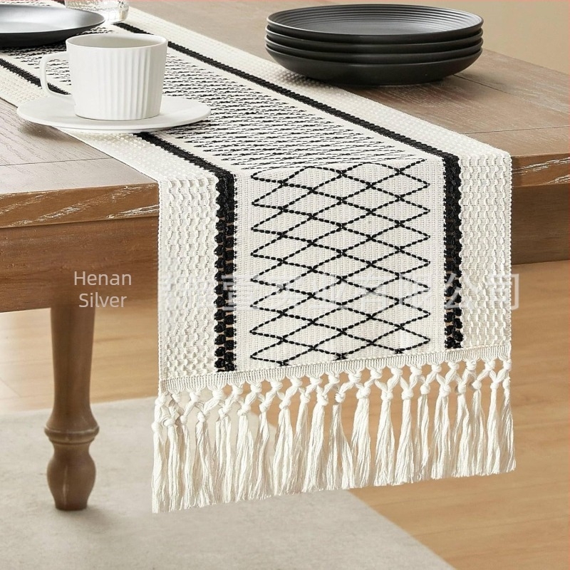 Steag de masă Amazon, bumbac și in, dungi, cusături, țesut în două culori, ciucuri, nimic pastoral, față de masă rustică, producători furnizează