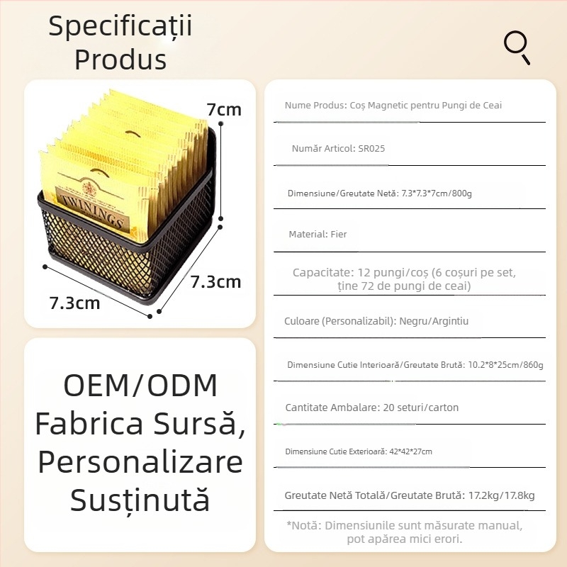 Xirui Coș Magnetic pentru Pliculețe de Ceai, Rack de Depozitare, Capacitate Mare, Fier, Modern Simplu, Coș de Depozitare pentru Pliculețe de Ceai cu 6 Piese, Stil European
