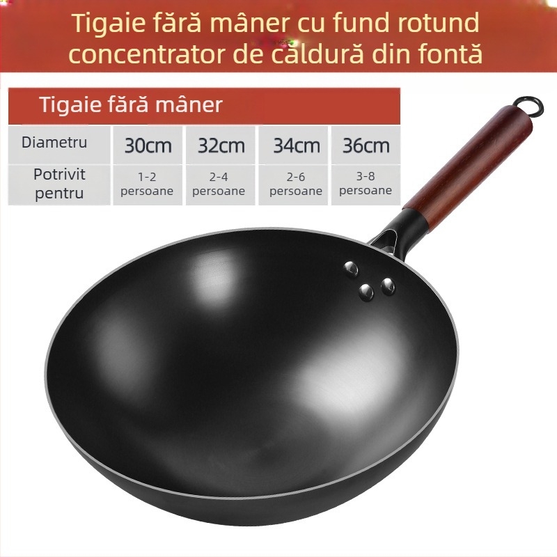 Oală de fier cu fund rotund, de modă veche, cu vârf de limbă, antiderapantă, oală de gătit de uz casnic, oală de fier gătit nitrurat, neacoperită