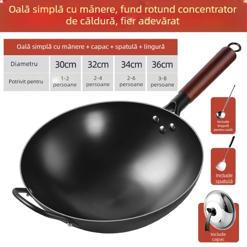 Oală de fier cu fund rotund, de modă veche, cu vârf de limbă, antiderapantă, oală de gătit de uz casnic, oală de fier gătit nitrurat, neacoperită