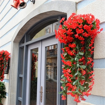 Flori artificiale violete pentru perete, decorațiuni interioare pentru perete, balcon, gard, coș suspendat, flori artificiale din ratan, pentru nuntă