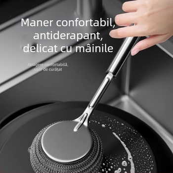 Perie de bucătărie din oțel inoxidabil pentru oală, perie specială pentru spălat oale, perie cu bilă din sârmă de oțel, mâner lung, perie de curățare a vaselor, perie cu artefacte pentru oală, nu lasă să cadă mătase