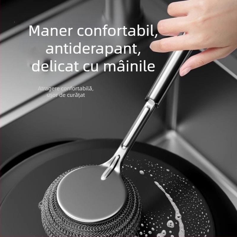 Perie de bucătărie din oțel inoxidabil pentru oală, perie specială pentru spălat oale, perie cu bilă din sârmă de oțel, mâner lung, perie de curățare a vaselor, perie cu artefacte pentru oală, nu lasă să cadă mătase