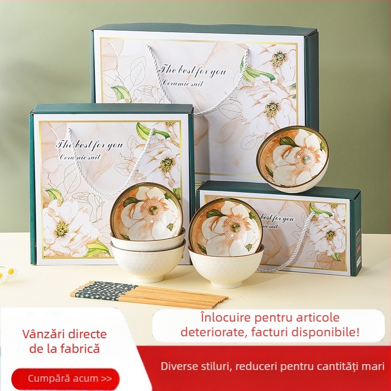 Set de boluri cadou, set de tacâmuri ceramice Camellia, set de cutii cadou cu bol, de vânzare, cadou de deschidere, bol cadou însoțitor, set de bețișoare, bol