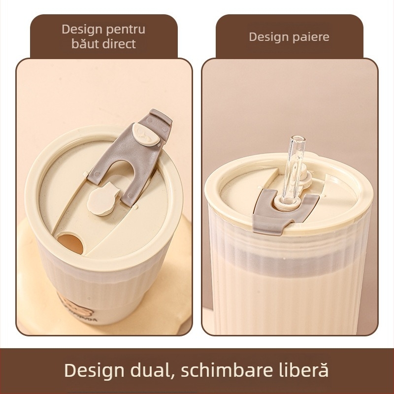 Cană de băut portabilă cu paie duble din plastic pentru studenți, cafea roșie neagră, lapte, ceai, suc, lapte, ceașcă de apă, creativă pentru studenți