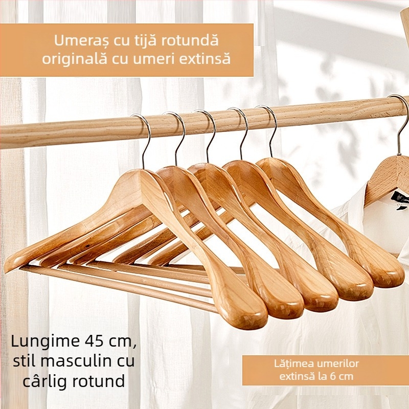 Umeraș din lemn masiv 93 pentru costume și paltoane, cu umeri late, fără urme