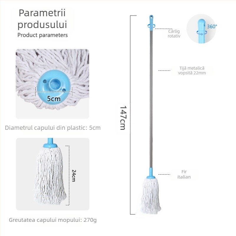 Mop australian din poliester, fără spălare manuală, umed și uscat, din bumbac, cu cap rotund absorbant, mop pentru podele din lemn, mop de modă veche