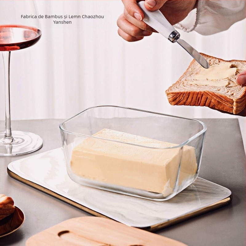 Cutie transparentă din sticlă pentru unt, cu capac din bambus și cuțit, borcan sigilat cu unt din ceramică, cutie pentru unt, frigider simplu pentru brânză proaspătă