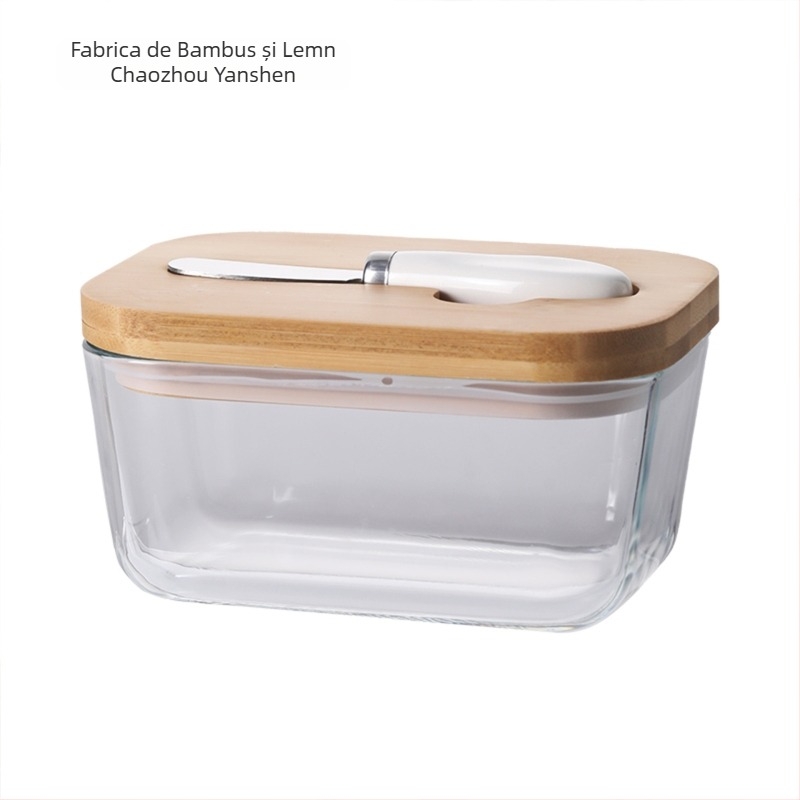 Cutie transparentă din sticlă pentru unt, cu capac din bambus și cuțit, borcan sigilat cu unt din ceramică, cutie pentru unt, frigider simplu pentru brânză proaspătă