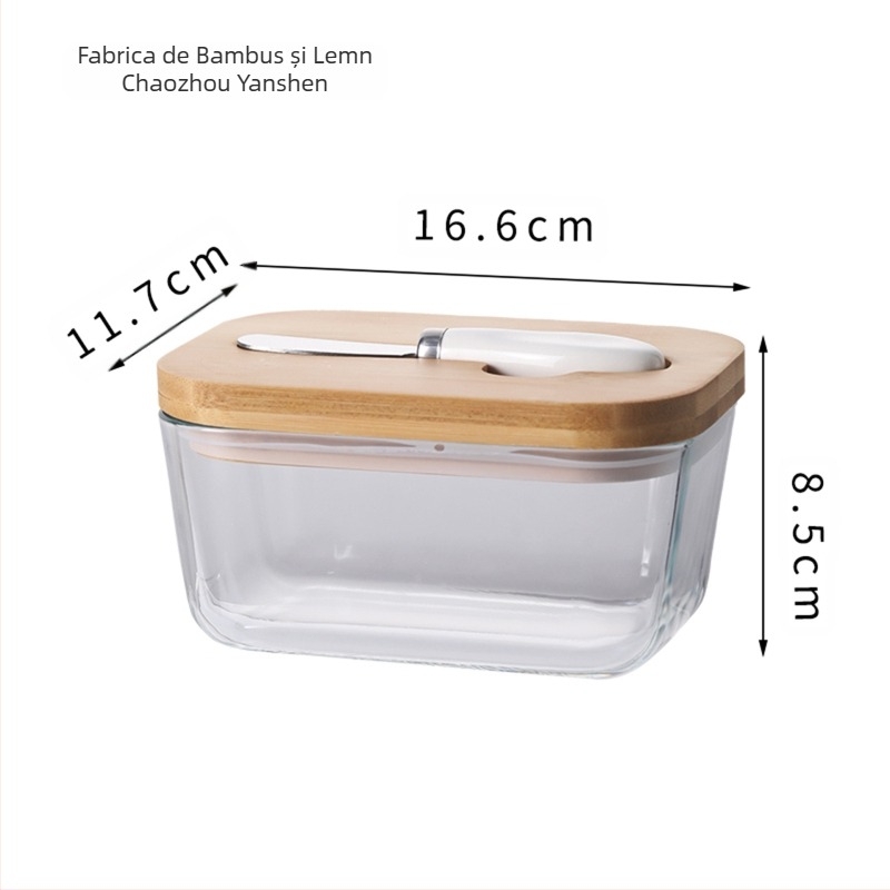 Cutie transparentă din sticlă pentru unt, cu capac din bambus și cuțit, borcan sigilat cu unt din ceramică, cutie pentru unt, frigider simplu pentru brânză proaspătă
