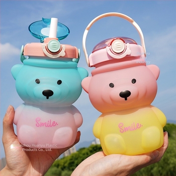 Cană de urs de mare valoare pentru copii, drăguță pentru studenți, cană sippy de 1L, curea, cană de mare capacitate, cană de apă din plastic cu gradient