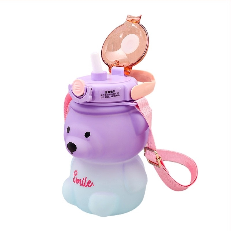 Cană de urs de mare valoare pentru copii, drăguță pentru studenți, cană sippy de 1L, curea, cană de mare capacitate, cană de apă din plastic cu gradient