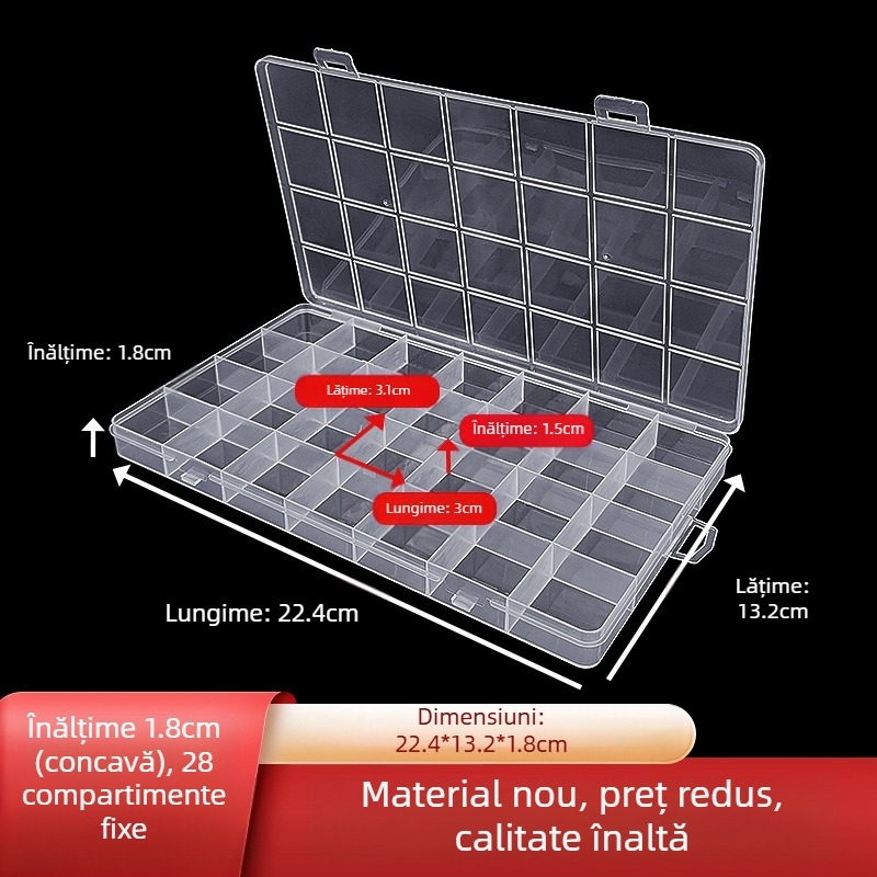 Cutie de compartimentare din plastic pp transparent, cu grilă fixă de 28, înaltă 1,8, cu capac pentru componente electronice