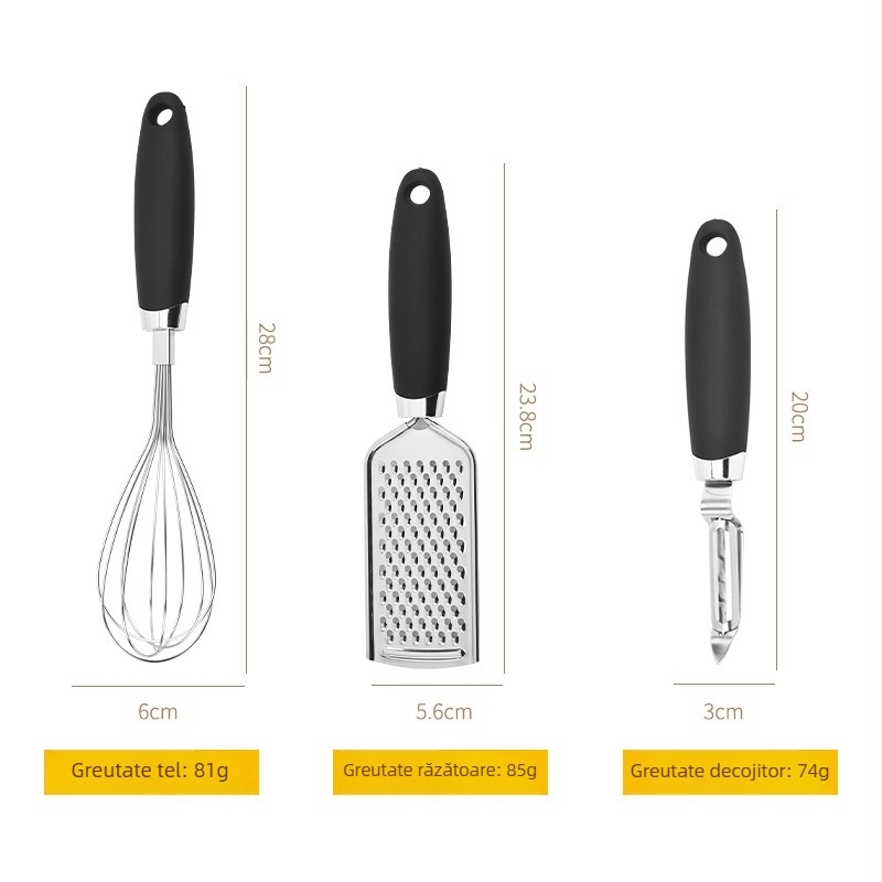 Gadget-uri de bucătărie din oțel inoxidabil, set de 7 piese, deschizător de tort, deschizător de sticle, bătător de ou, rindea cu pepene galben, ghimbir, lingură de înghețată mărunțită