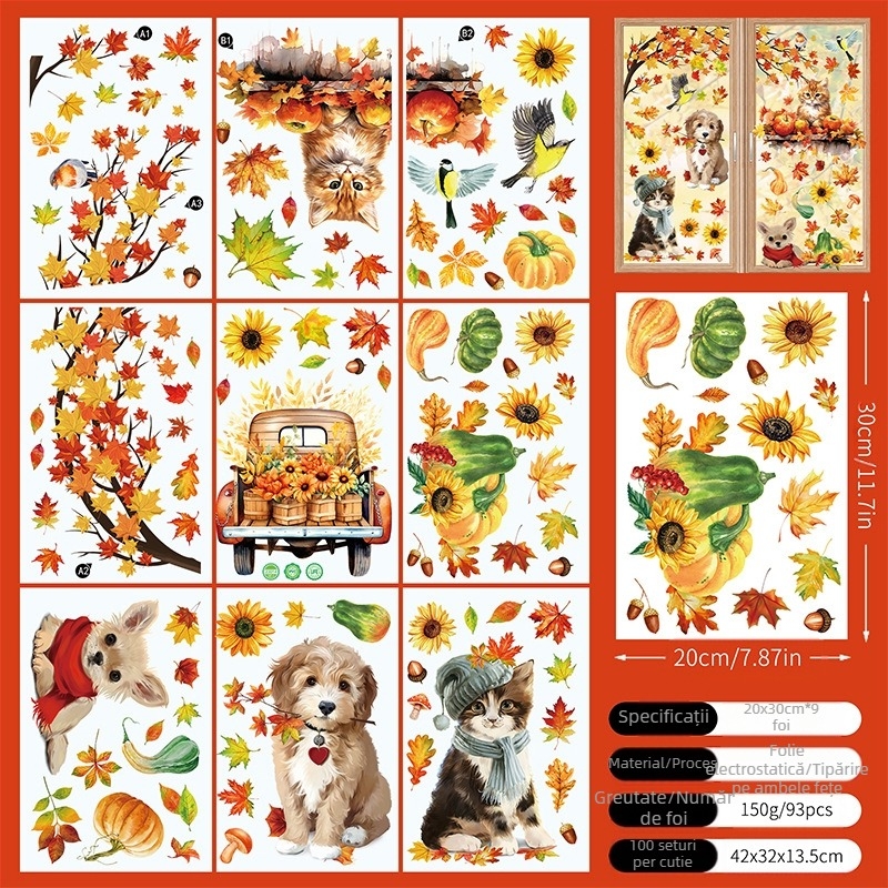 Autocolant electrostatic creativ pentru fereastră de sticlă, pictură decorativă, autocolante de perete, simulare transfrontalieră de toamnă și căderi, frunze de arțar