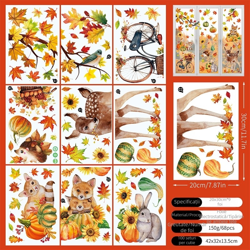 Autocolant electrostatic creativ pentru fereastră de sticlă, pictură decorativă, autocolante de perete, simulare transfrontalieră de toamnă și căderi, frunze de arțar