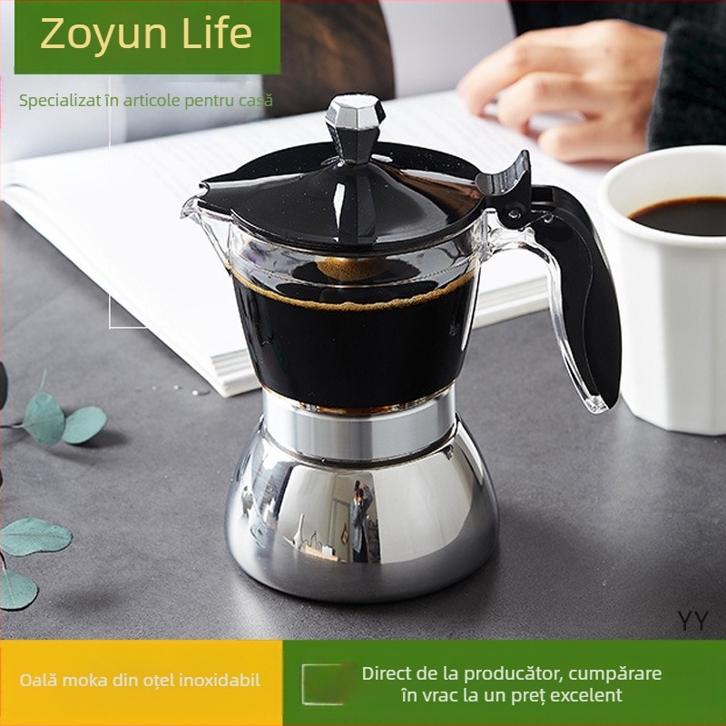Cafetieră italiană din oțel inoxidabil, transparentă, pentru birou, aragaz electric ceramic, aparat de cafea de uz casnic