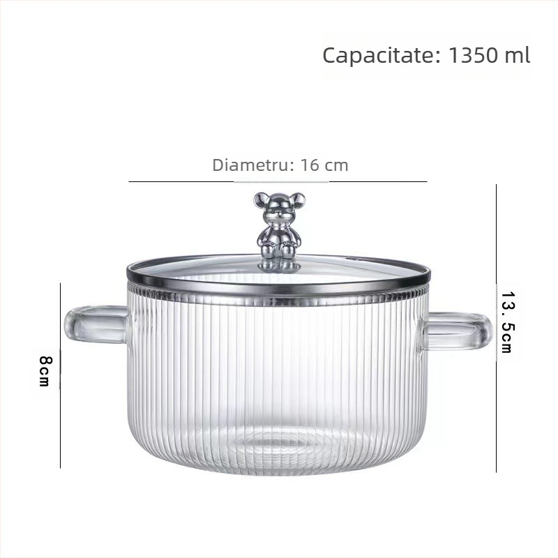 Oală de tocană cu dungi de urs, îngroșată, capacitate mare, cu dublu mâner, oală de lapte din sticlă transparentă, bol cu tăiței instant, oală de sticlă de mare valoare