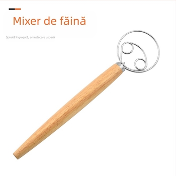 Mixer de făină cu mâner din stejar de 13 inch, mixer danez pentru aluat, tel pentru ouă cu spirală din oțel inoxidabil