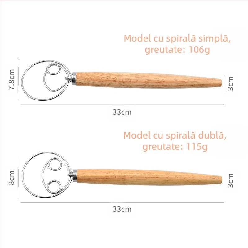 Mixer de făină cu mâner din stejar de 13 inch, mixer danez pentru aluat, tel pentru ouă cu spirală din oțel inoxidabil