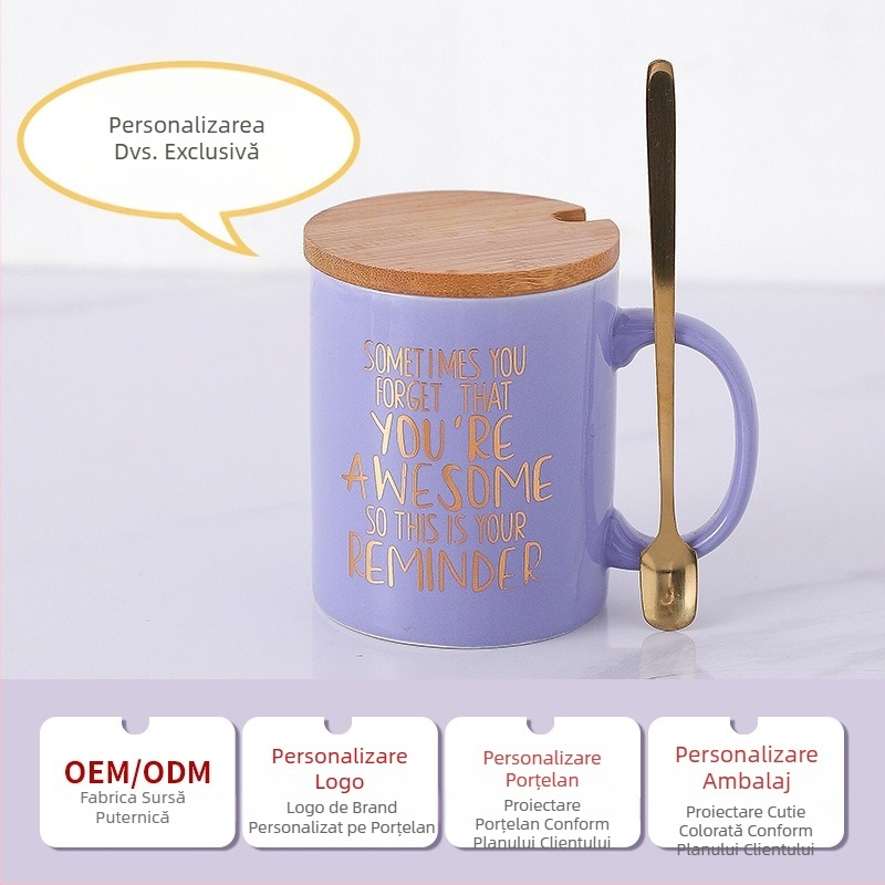 Ceașcă ceramică transfrontalieră Amazon cu capac și lingură din bambus și lemn, cadou pentru ceașcă de cafea, costum de culoare înaltă, cadou de Ziua Mamei, valoare deosebită