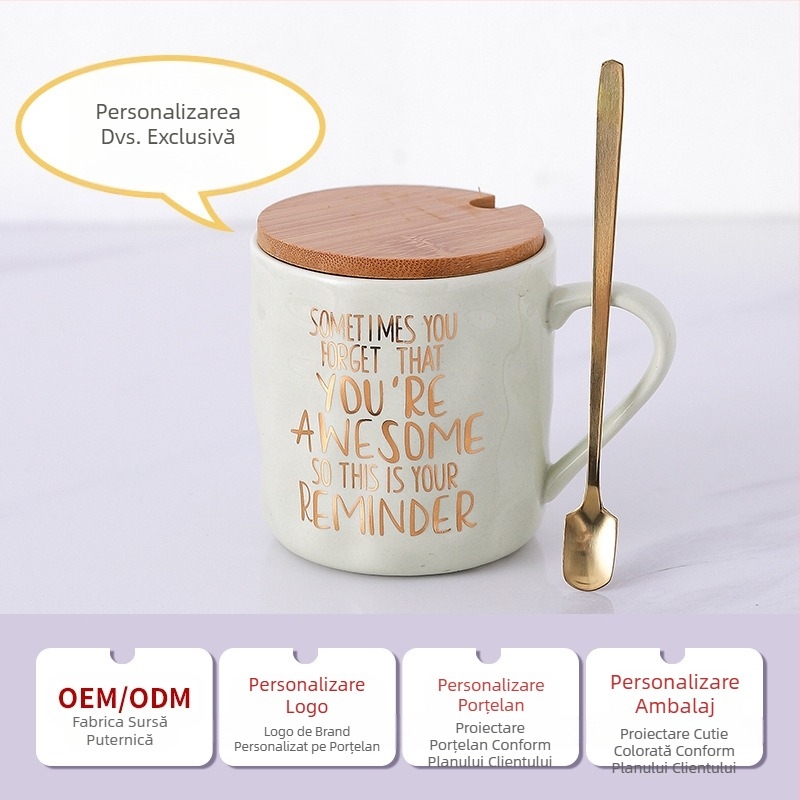 Ceașcă ceramică transfrontalieră Amazon cu capac și lingură din bambus și lemn, cadou pentru ceașcă de cafea, costum de culoare înaltă, cadou de Ziua Mamei, valoare deosebită