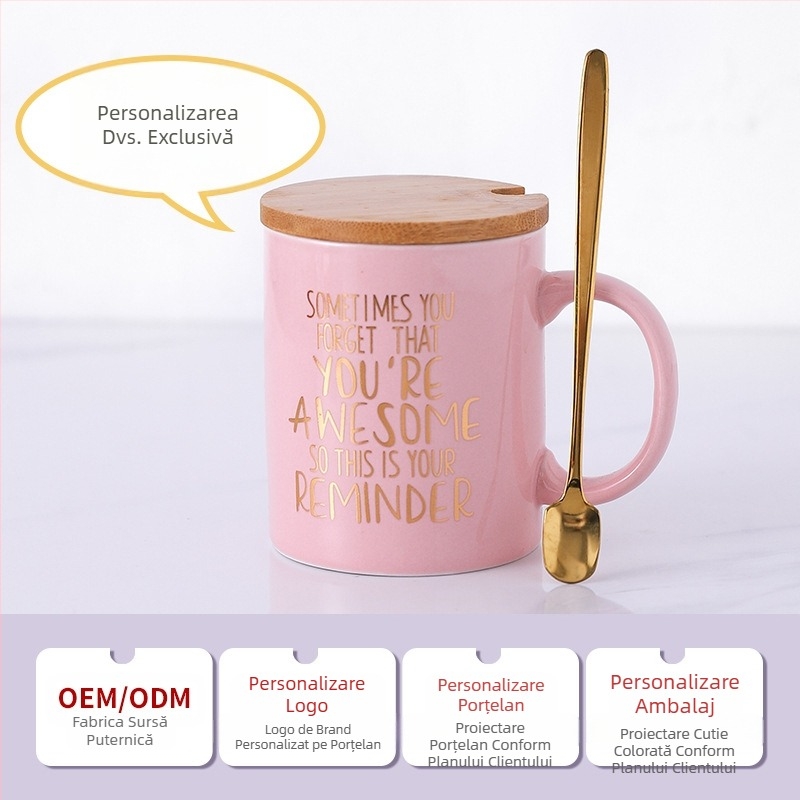 Ceașcă ceramică transfrontalieră Amazon cu capac și lingură din bambus și lemn, cadou pentru ceașcă de cafea, costum de culoare înaltă, cadou de Ziua Mamei, valoare deosebită