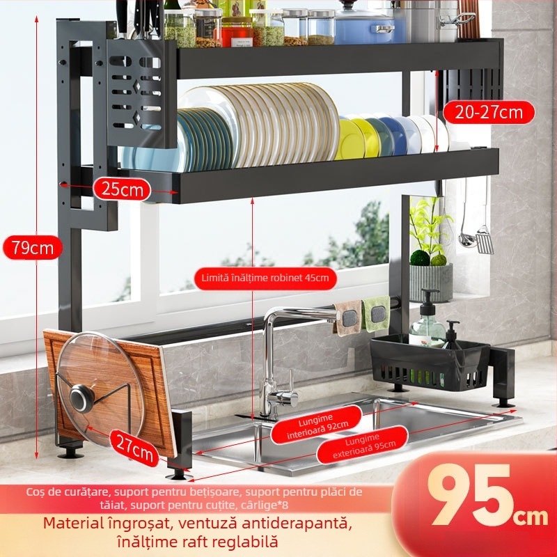 Raft de scurgere pentru chiuvetă, suport de depozitare pentru bucătărie, suport telescopic din oțel inoxidabil pentru scurgerea vaselor, suport pentru vasele