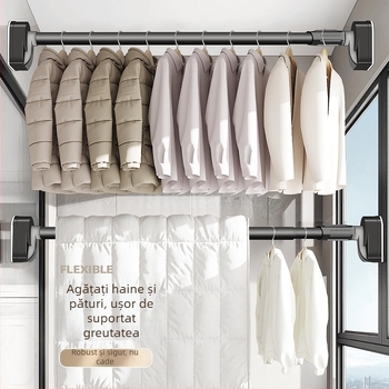 Balcon fără perforații, uscător de haine, tijă telescopică, perdea de uz casnic, bretele din oțel inoxidabil, fixare pentru țevi, un singur strat cool