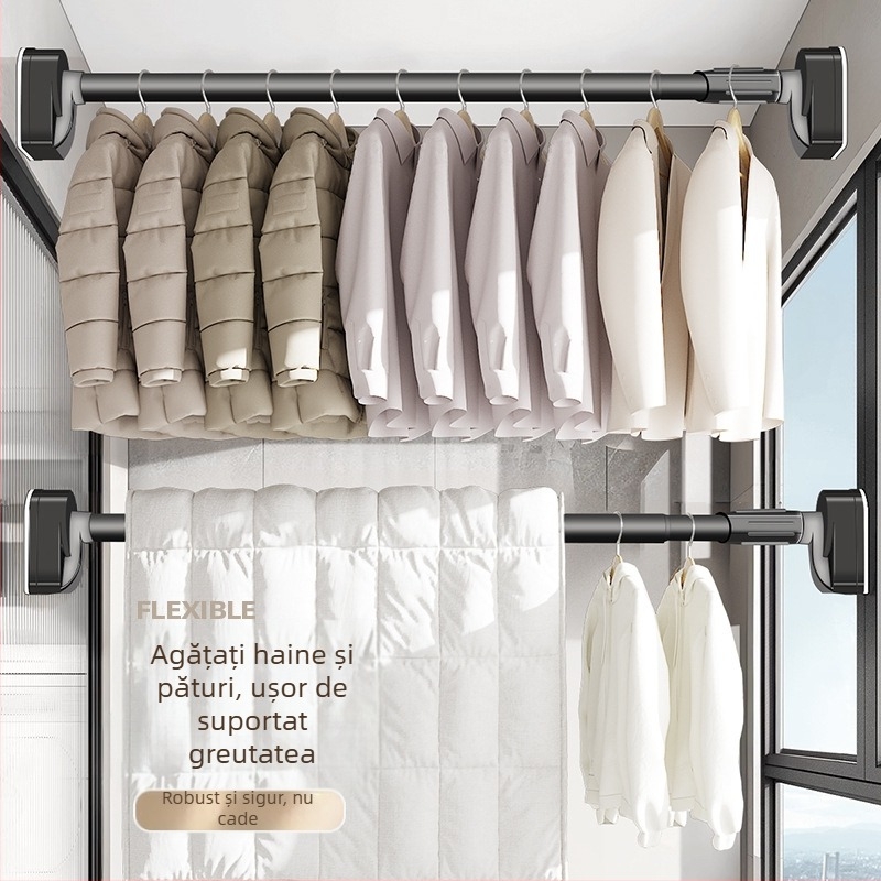 Balcon fără perforații, uscător de haine, tijă telescopică, perdea de uz casnic, bretele din oțel inoxidabil, fixare pentru țevi, un singur strat cool