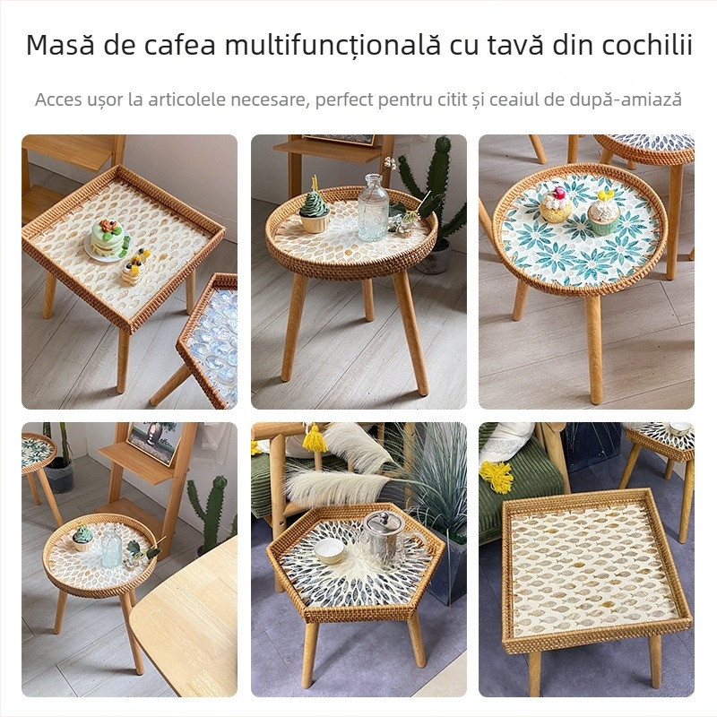Tavă multi-stil colorată din ratan țesută manual, cu picioare, tavă de lux de înaltă calitate, cu formă de coajă, masă laterală mică