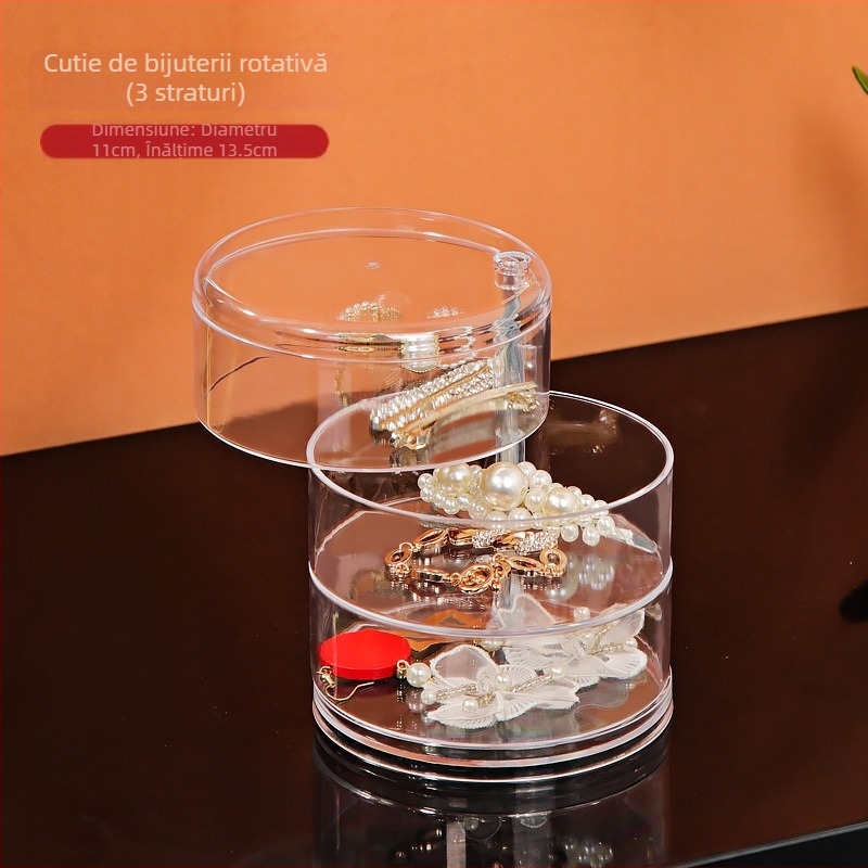 Cutie de depozitare cosmetică transparentă acrilică pentru dormitor, rotativă, rezistentă la praf, bijuterii, inel de păr, cercei, puf de ruj, raft de depozitare