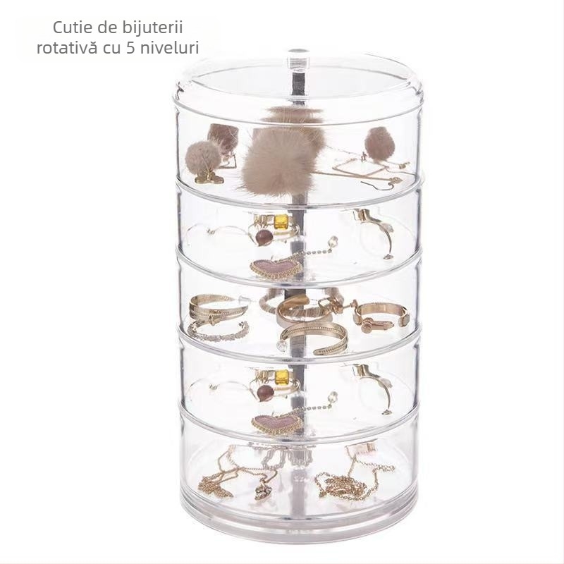 Cutie de depozitare cosmetică transparentă acrilică pentru dormitor, rotativă, rezistentă la praf, bijuterii, inel de păr, cercei, puf de ruj, raft de depozitare