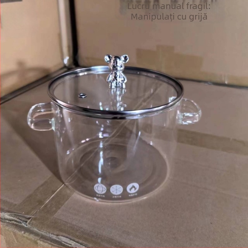 Oală din sticlă borosilicată, potrivită pentru aragazuri electrice ceramice, bol pentru tăiței cu două mânere, oală pentru supă, oală pentru gătit, oală emailată