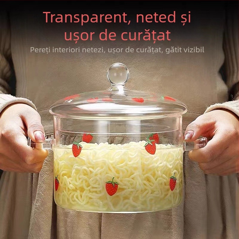 Oală din sticlă borosilicată, potrivită pentru aragazuri electrice ceramice, bol pentru tăiței cu două mânere, oală pentru supă, oală pentru gătit, oală emailată